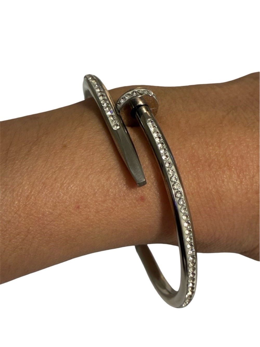 Vintage Rhinestone Accented Silver Nail-Style Bangle Bracelet